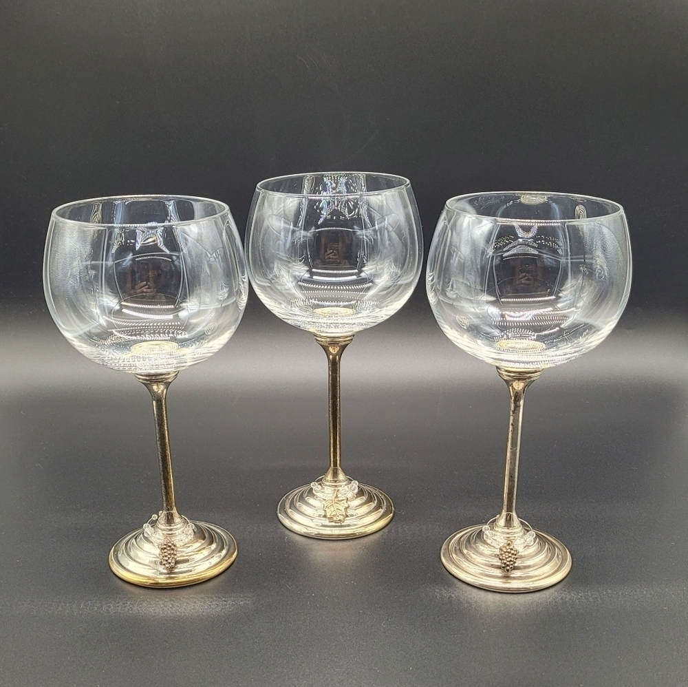 Balloon Wine Glasses Crystal Metal silverplated stems & bases Set of 3 Vintage‌